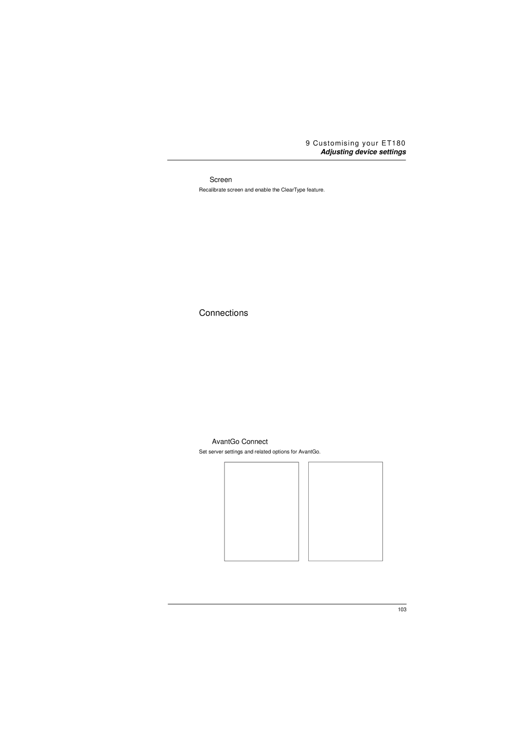 Microsoft ET180 manual Connections, Screen, AvantGo Connect 