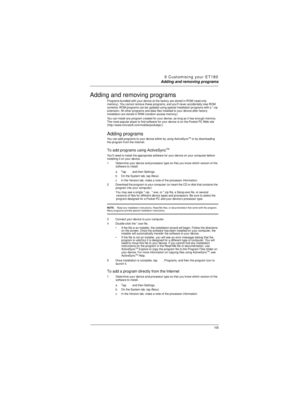 Microsoft ET180 manual Adding and removing programs, Adding programs, To add programs using ActiveSyncTM 