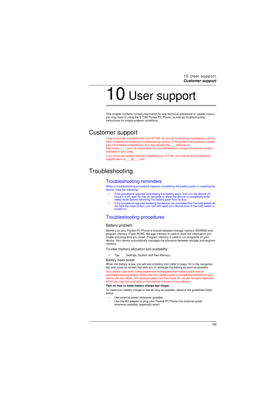 Microsoft ET180 manual Customer support, Troubleshooting, User support, Battery problem 