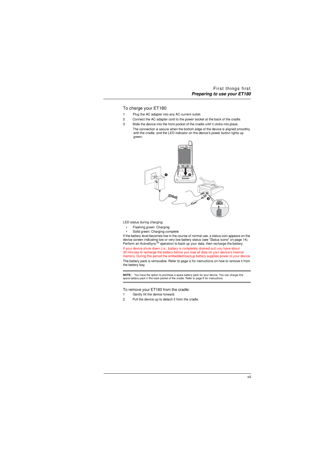 Microsoft manual To charge your ET180, To remove your ET180 from the cradle 