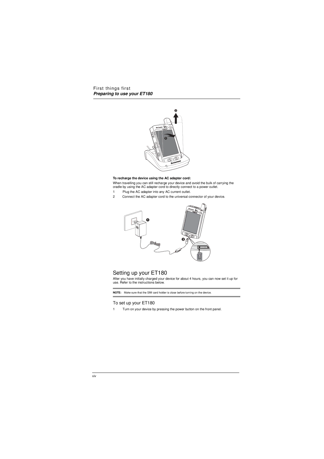 Microsoft manual Setting up your ET180, To set up your ET180, To recharge the device using the AC adapter cord 