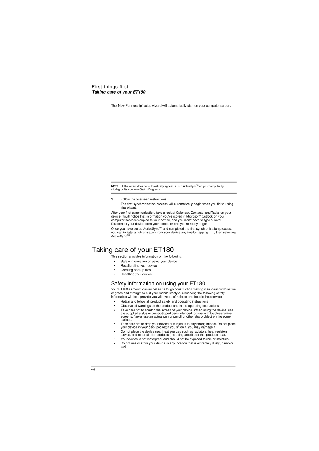 Microsoft manual Taking care of your ET180, Safety information on using your ET180 