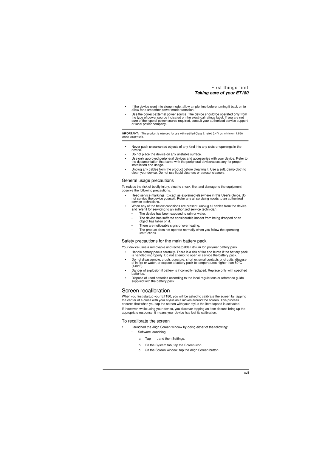 Microsoft ET180 manual Screen recalibration, General usage precautions, Safety precautions for the main battery pack 