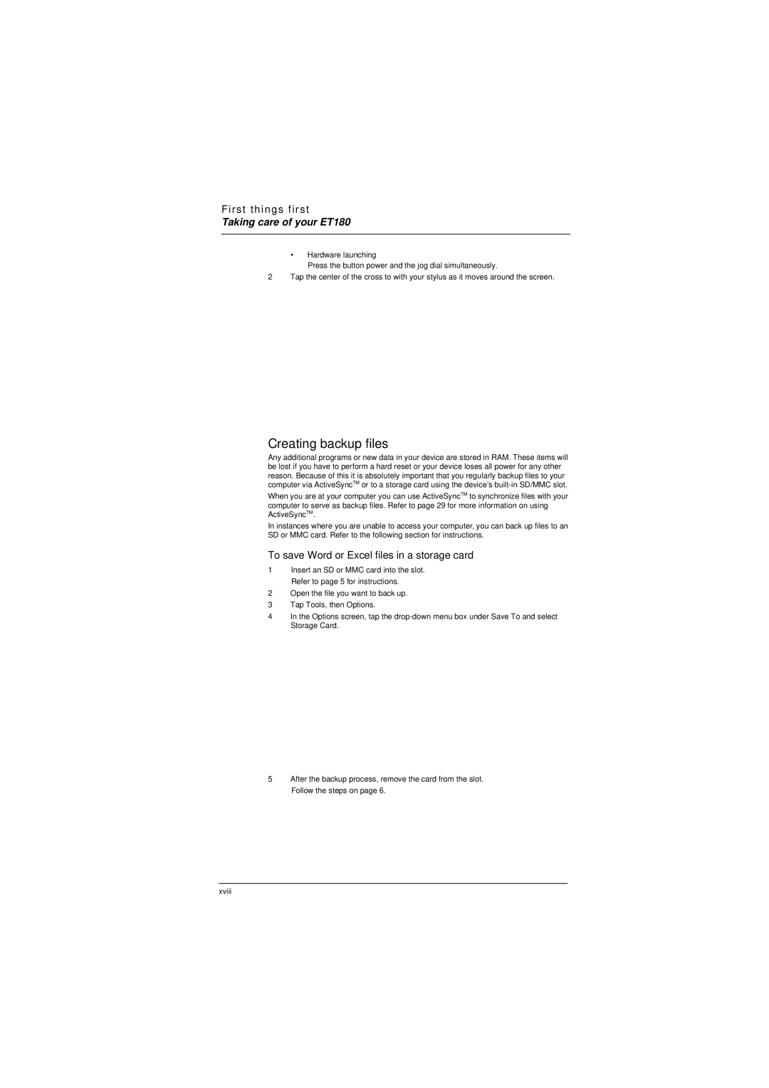 Microsoft ET180 manual Creating backup files, To save Word or Excel files in a storage card 