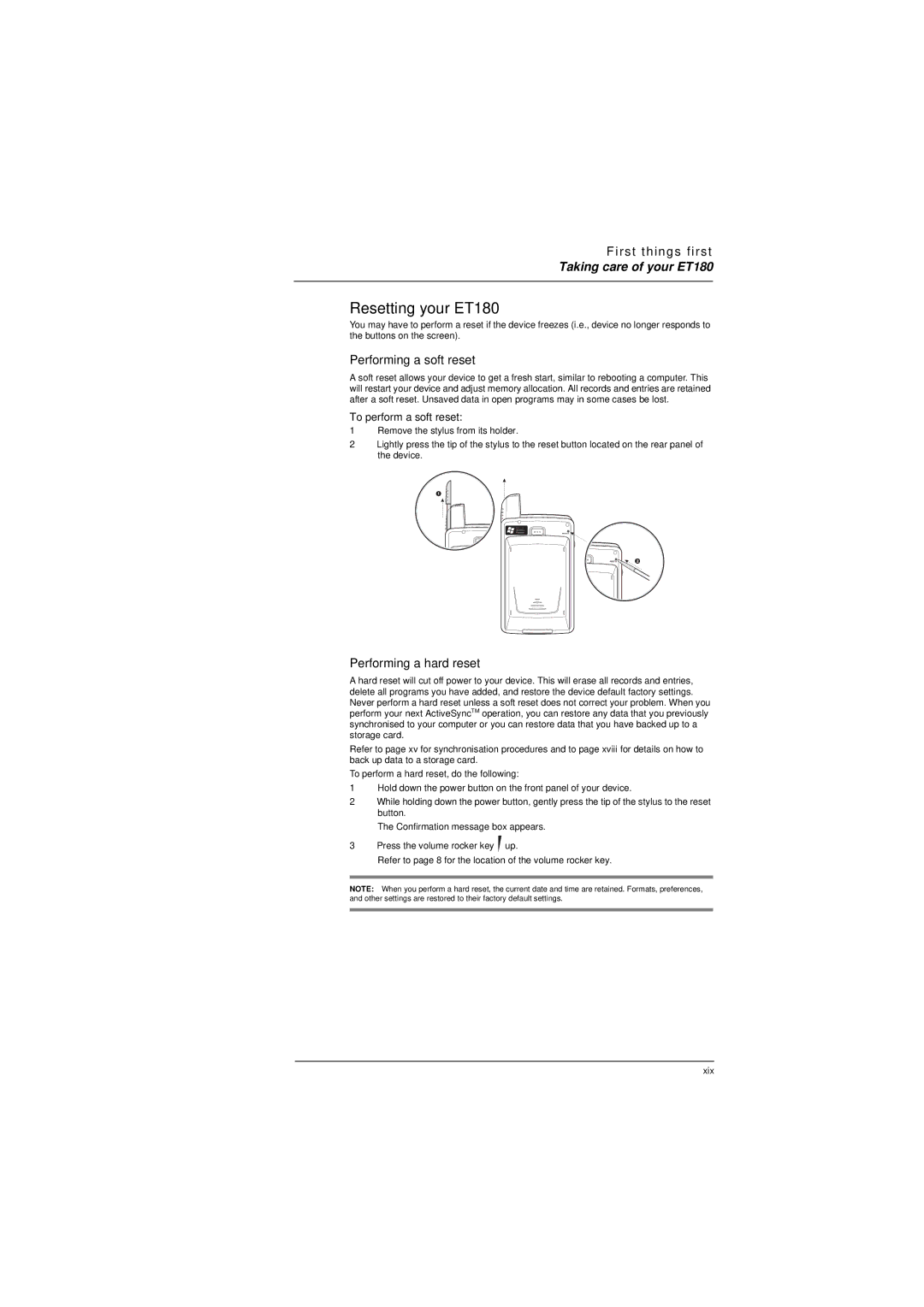 Microsoft manual Resetting your ET180, Performing a soft reset, Performing a hard reset, To perform a soft reset 