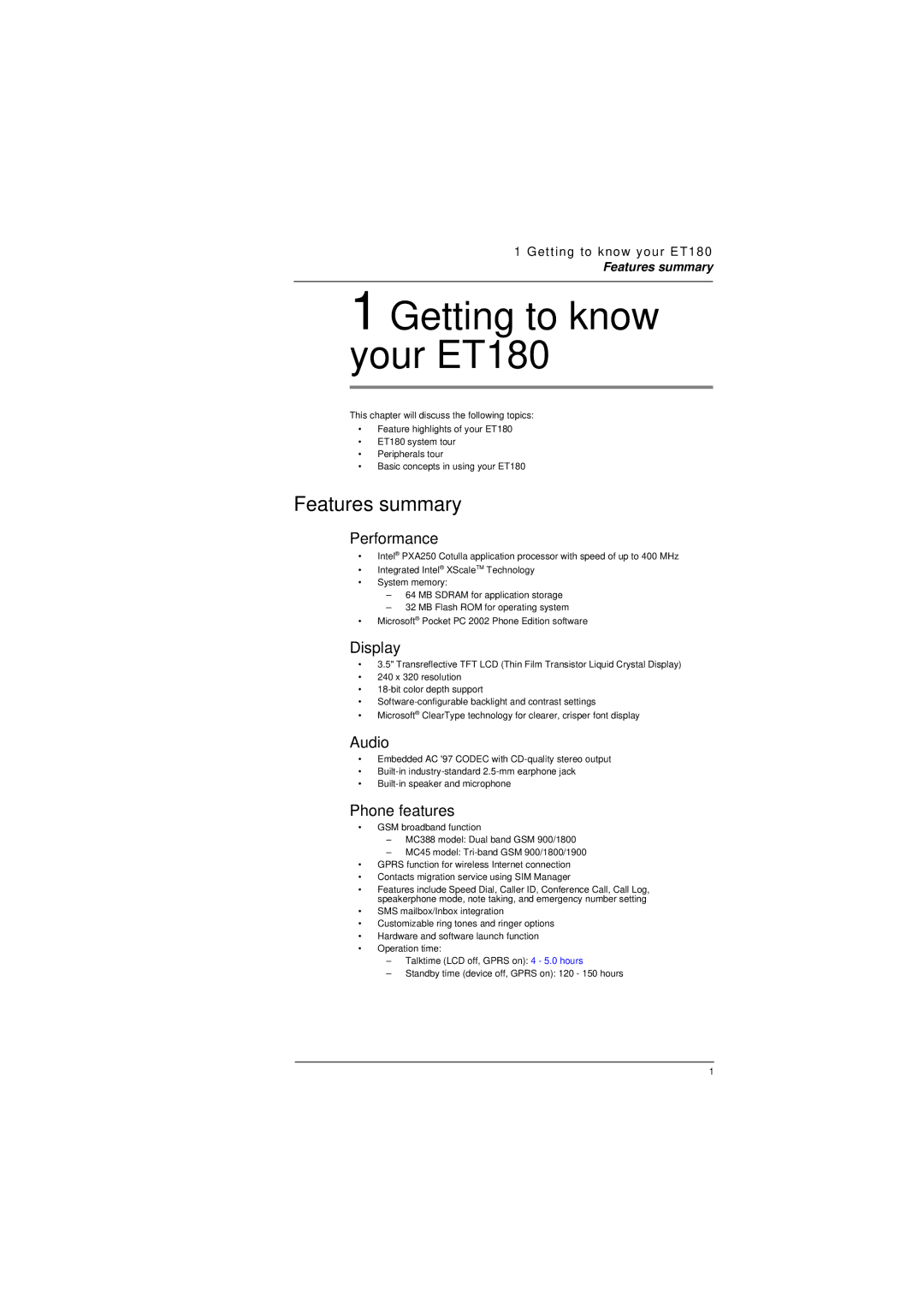 Microsoft ET180 manual Features summary, Performance, Display, Audio, Phone features 