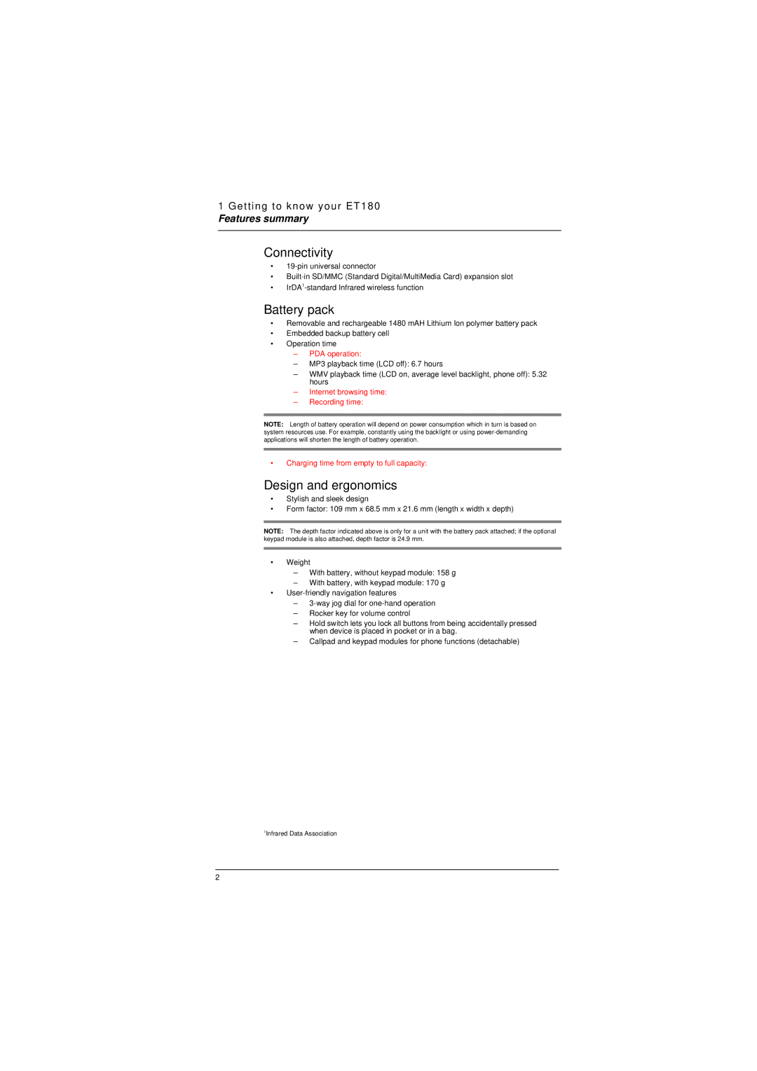 Microsoft ET180 manual Connectivity, Battery pack, Design and ergonomics 