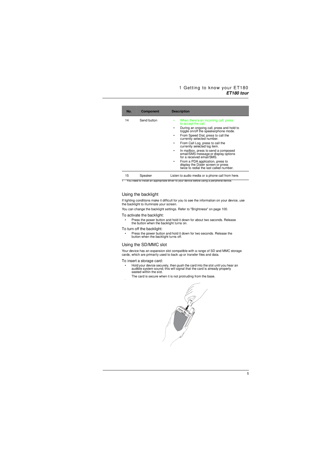 Microsoft ET180 manual Using the backlight, Using the SD/MMC slot, To activate the backlight, To turn off the backlight 