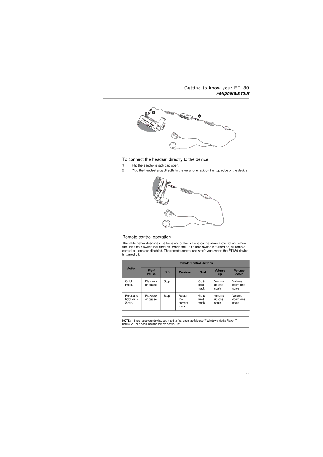 Microsoft ET180 manual To connect the headset directly to the device, Remote control operation 