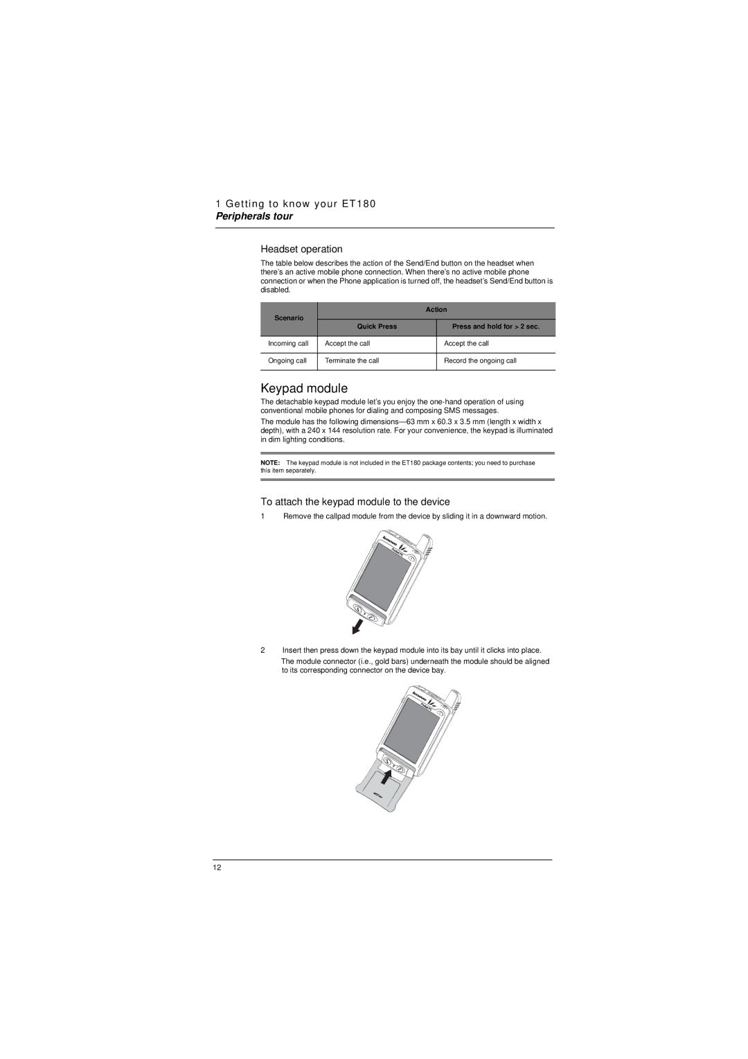 Microsoft ET180 manual Keypad module, Headset operation, To attach the keypad module to the device 