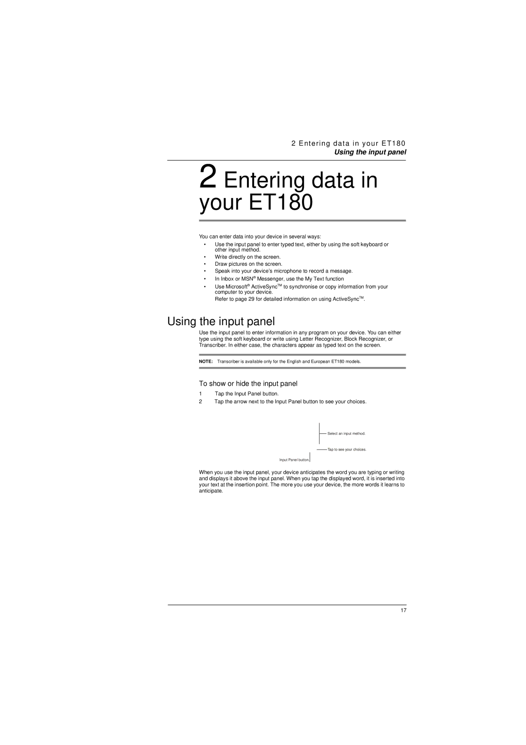 Microsoft ET180 manual Using the input panel, To show or hide the input panel 