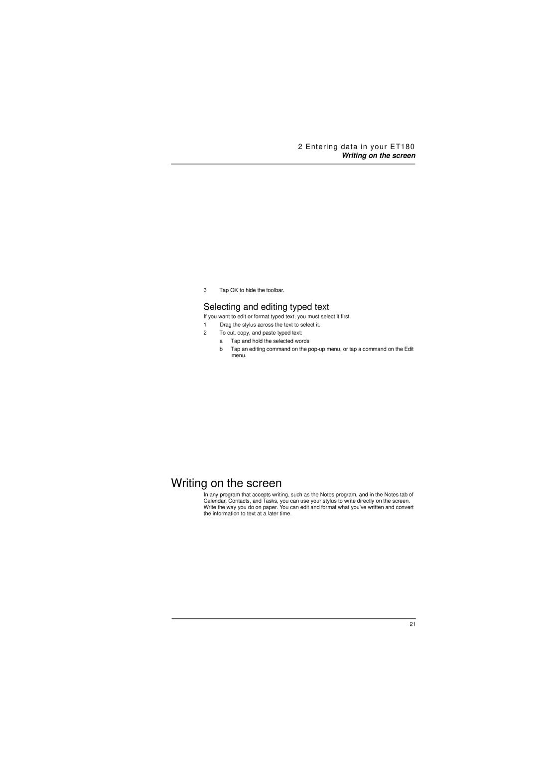 Microsoft ET180 manual Writing on the screen, Selecting and editing typed text 