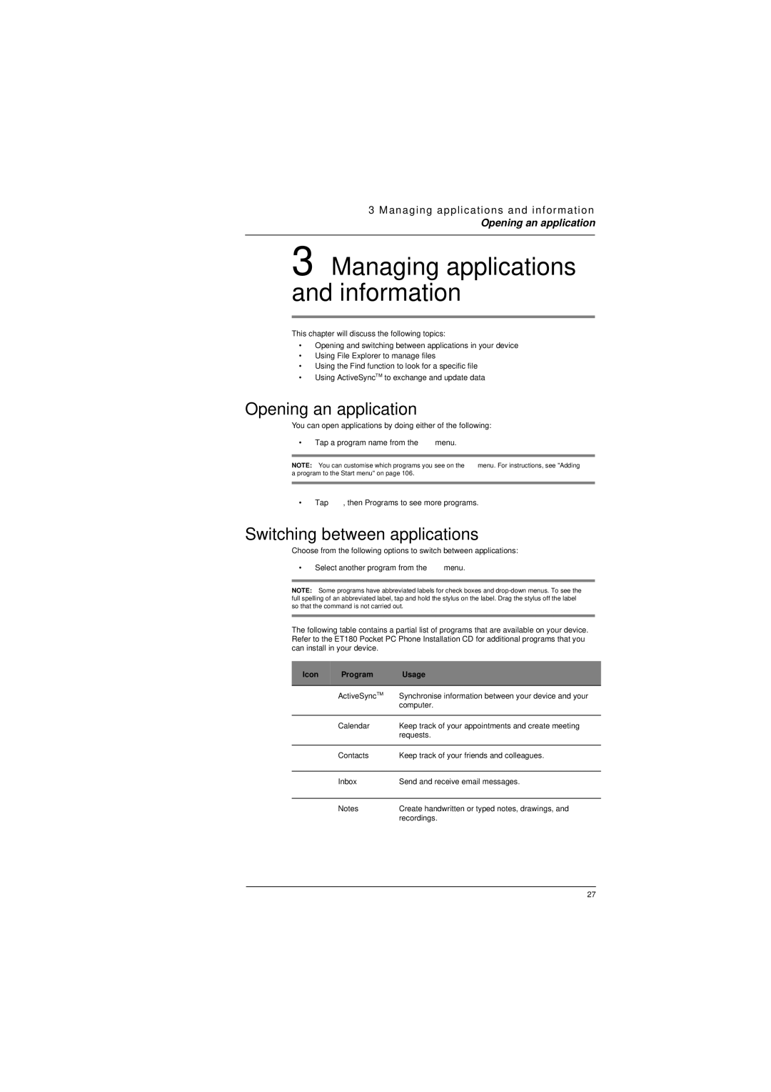 Microsoft ET180 manual Opening an application, Switching between applications, Icon Program Usage 