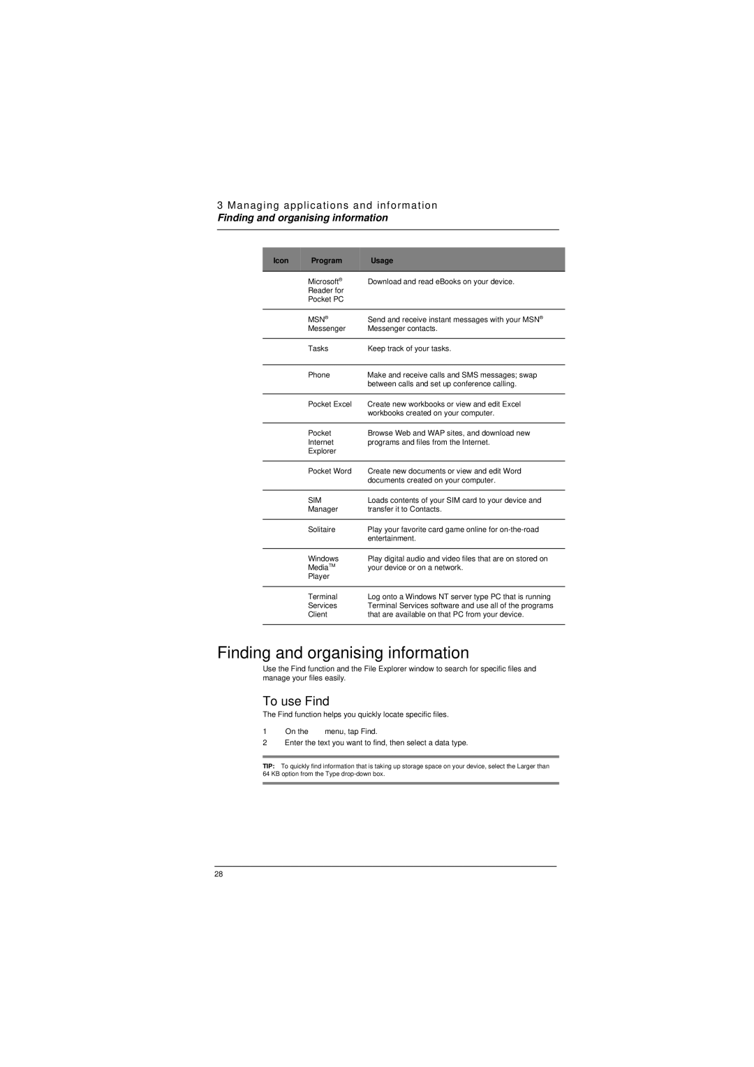 Microsoft ET180 manual Finding and organising information, To use Find 