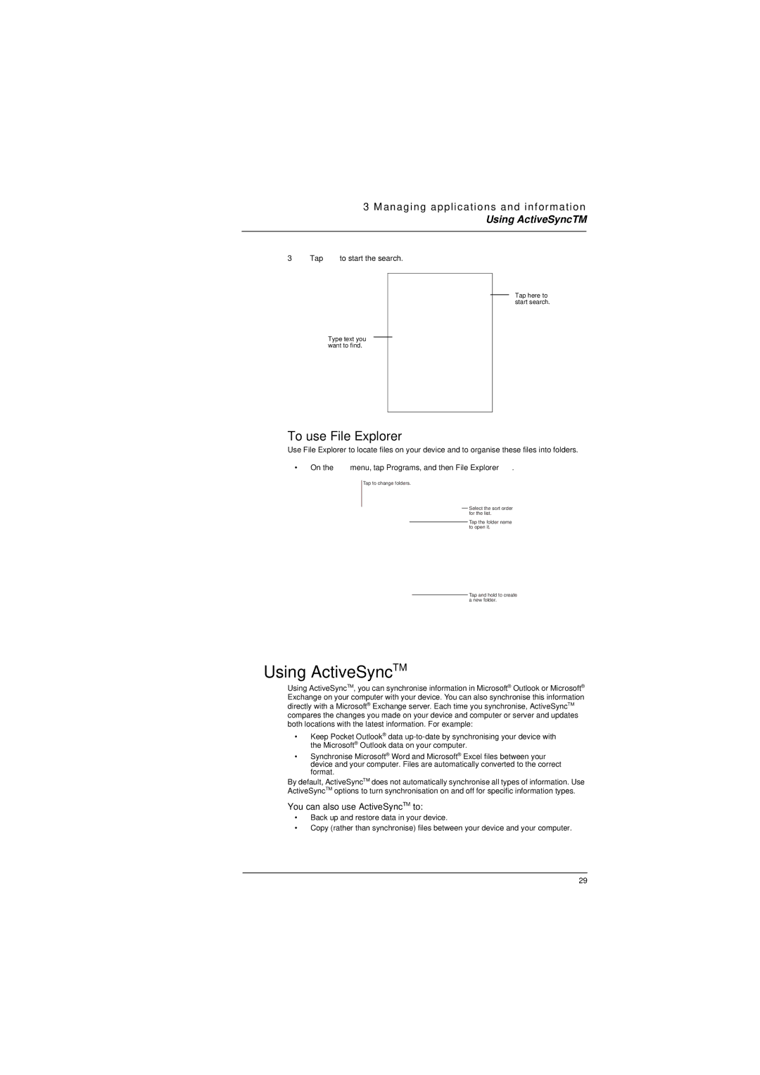 Microsoft ET180 manual Using ActiveSyncTM, To use File Explorer, You can also use ActiveSyncTM to 