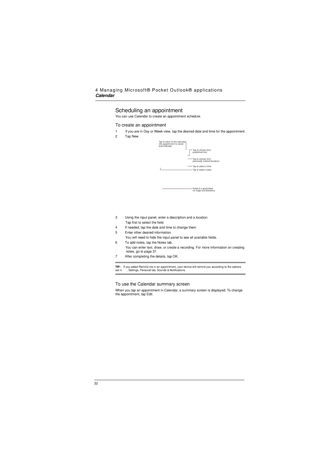 Microsoft ET180 manual Scheduling an appointment, To create an appointment, To use the Calendar summary screen 