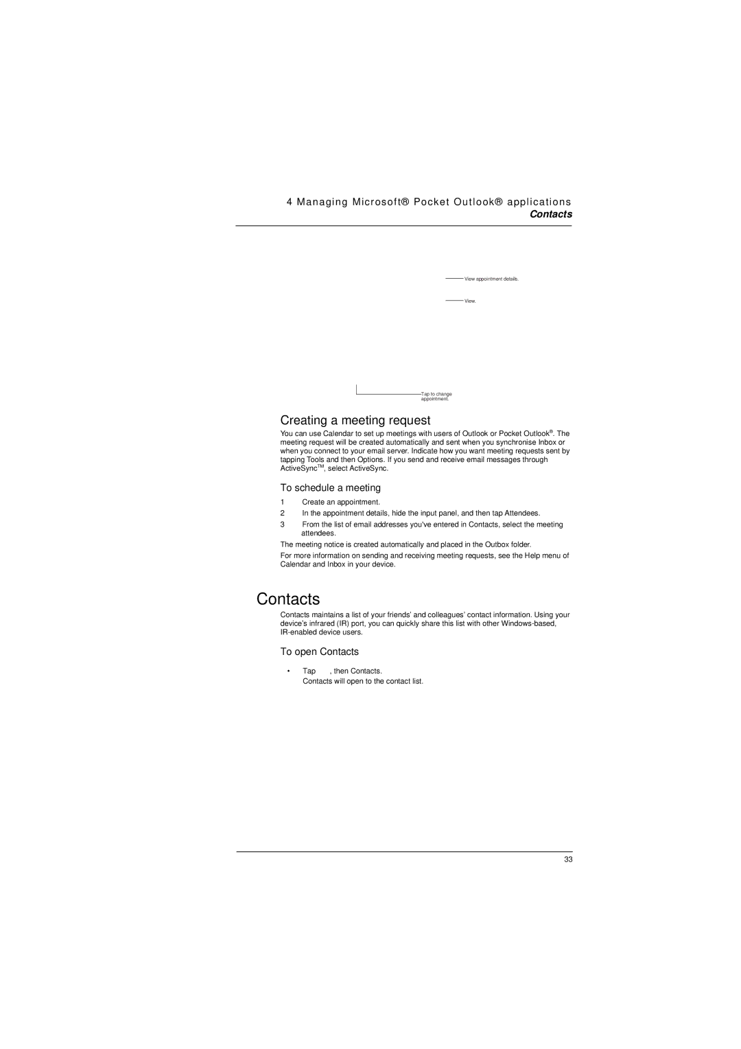 Microsoft ET180 manual Creating a meeting request, To schedule a meeting, To open Contacts 