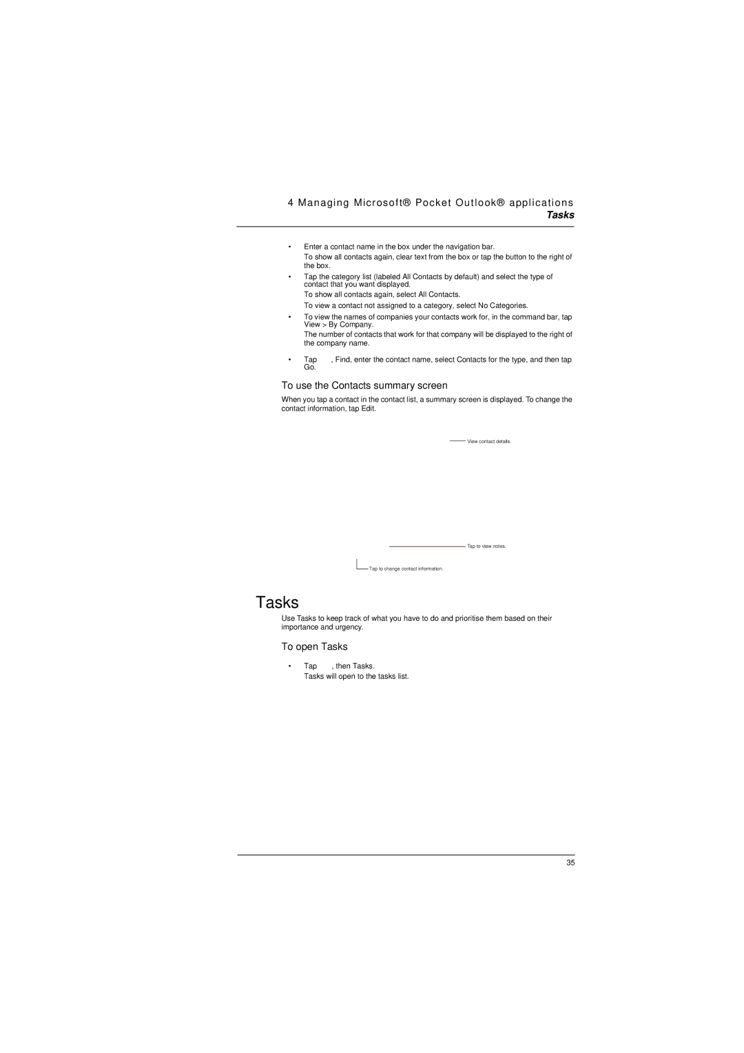 Microsoft ET180 manual To use the Contacts summary screen, To open Tasks 