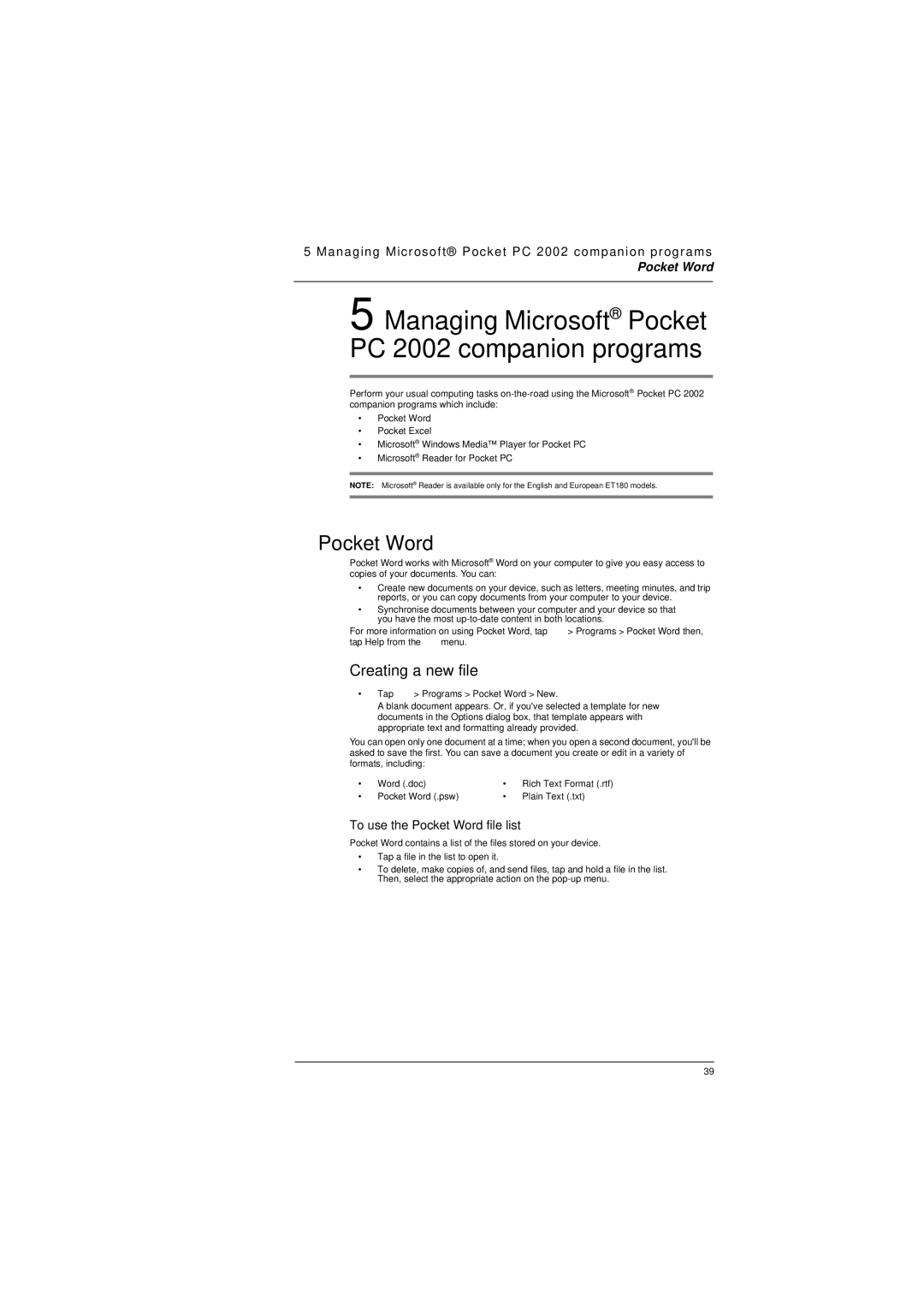 Microsoft ET180 manual Creating a new file, To use the Pocket Word file list 