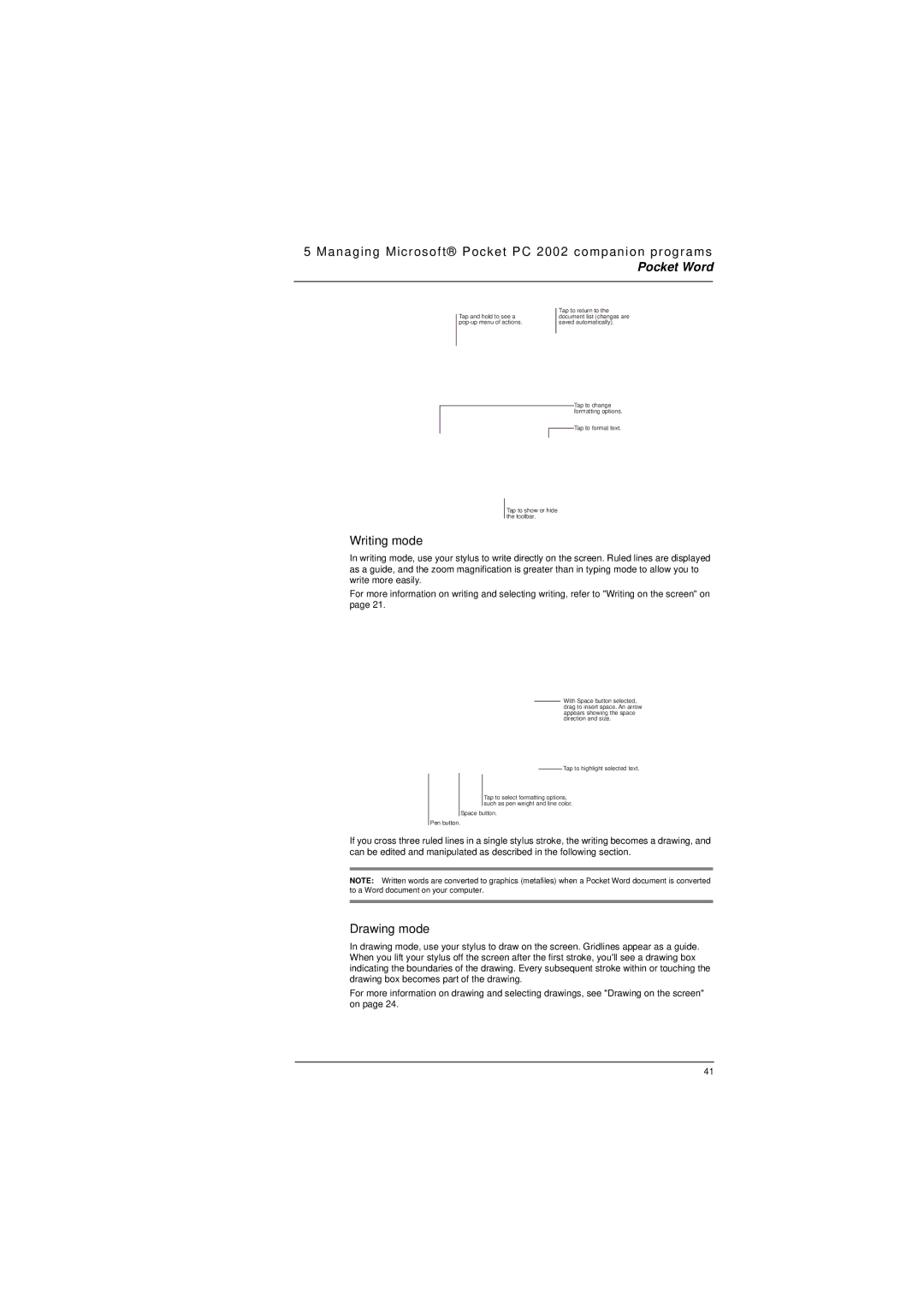 Microsoft ET180 manual Writing mode, Drawing mode 