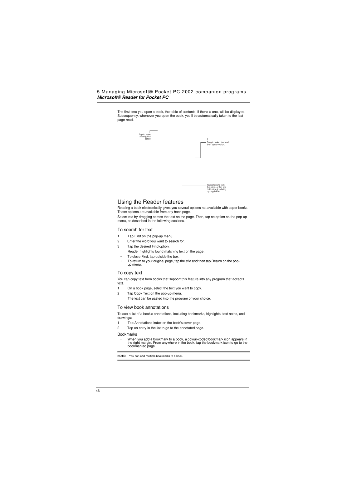 Microsoft ET180 manual Using the Reader features, To search for text, To copy text, To view book annotations, Bookmarks 