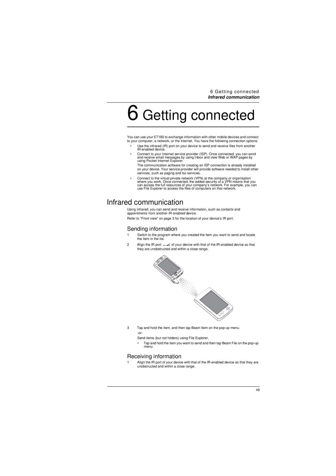 Microsoft ET180 manual Infrared communication, Sending information, Receiving information 