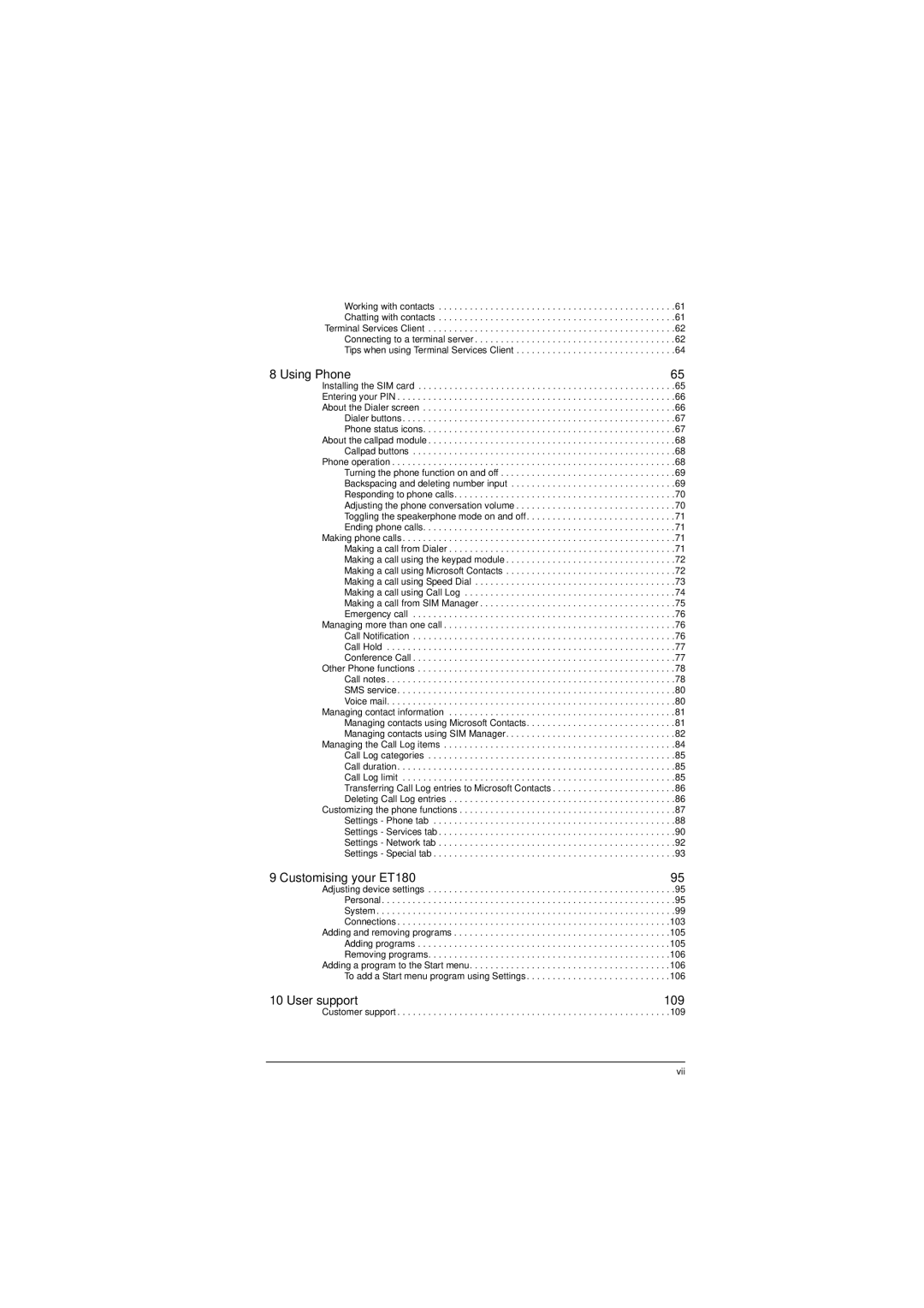 Microsoft manual Using Phone, Customising your ET180, User support 109 