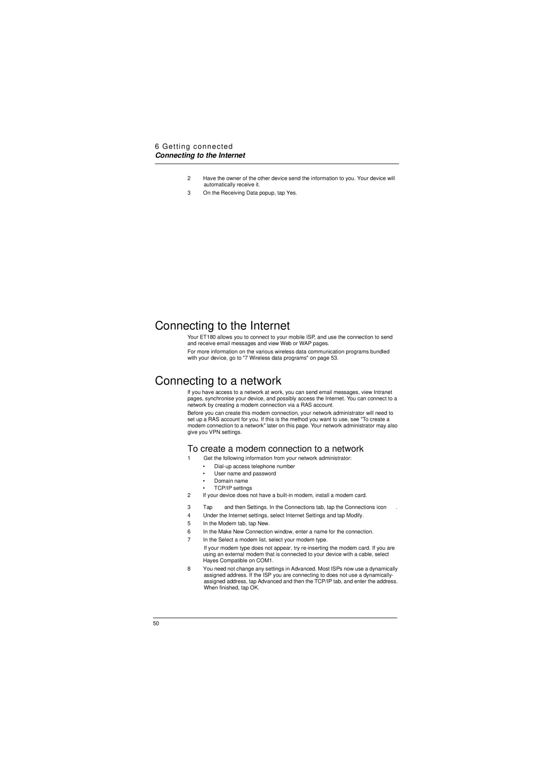 Microsoft ET180 manual Connecting to the Internet, Connecting to a network, To create a modem connection to a network 