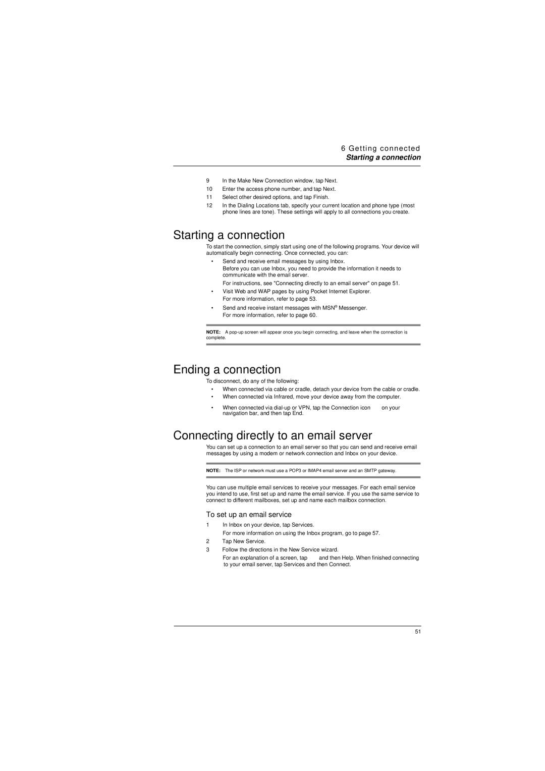 Microsoft ET180 manual Starting a connection, Ending a connection, Connecting directly to an email server 