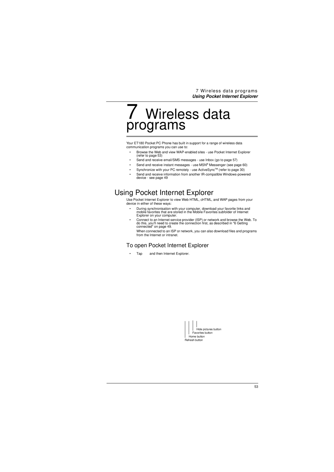 Microsoft ET180 manual Using Pocket Internet Explorer, To open Pocket Internet Explorer 