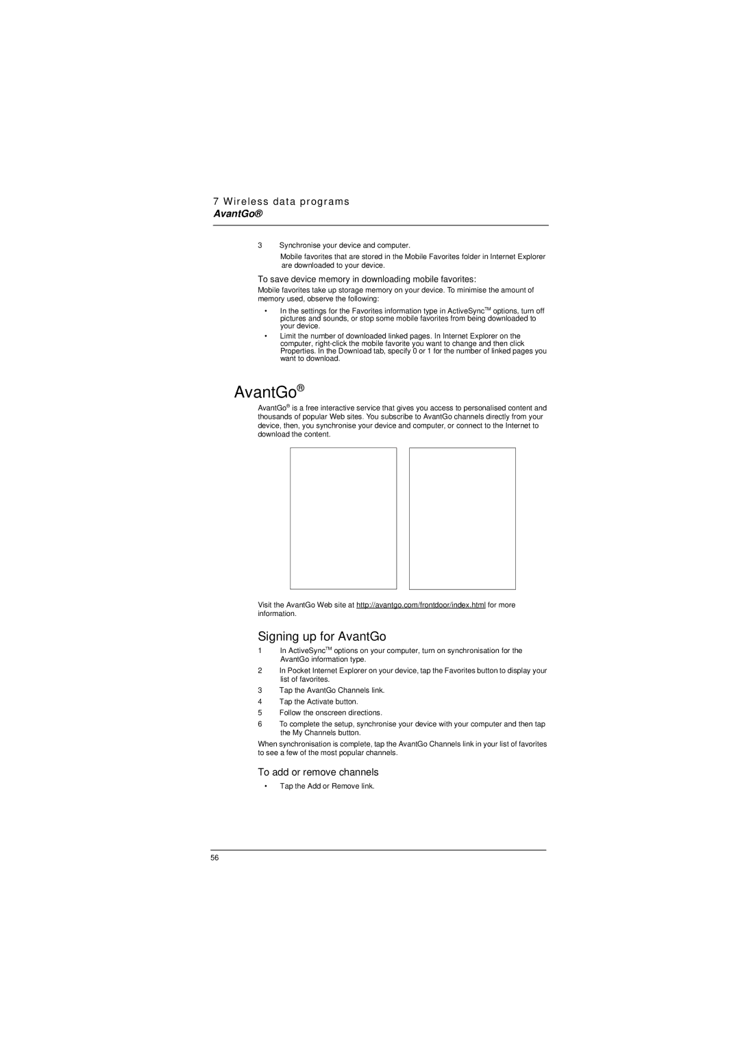 Microsoft ET180 manual Signing up for AvantGo, To add or remove channels 