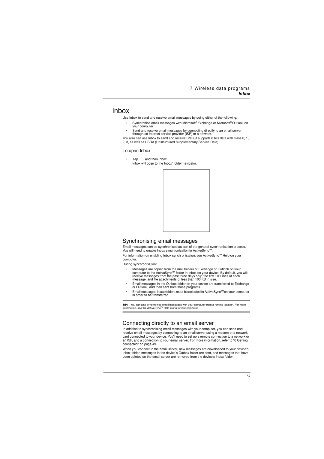 Microsoft ET180 manual Synchronising email messages, Connecting directly to an email server, To open Inbox 