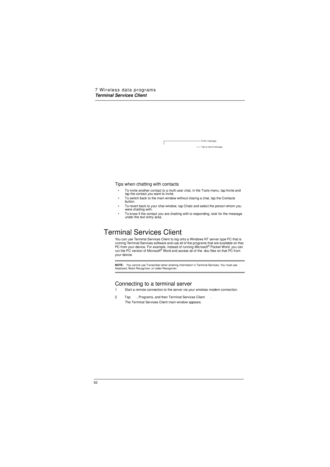 Microsoft ET180 manual Terminal Services Client, Connecting to a terminal server, Tips when chatting with contacts 