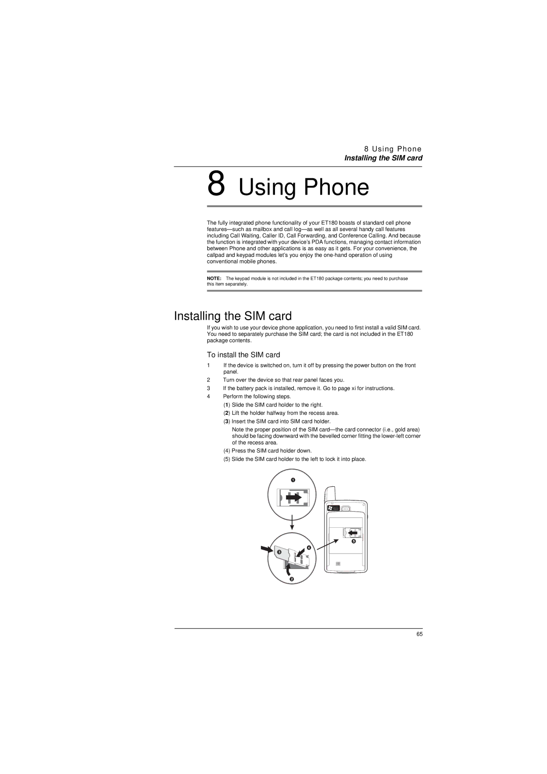 Microsoft ET180 manual Installing the SIM card, To install the SIM card 