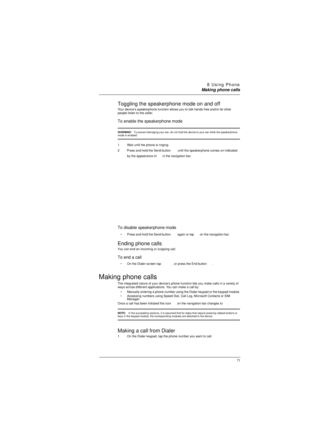 Microsoft ET180 manual Making phone calls, Toggling the speakerphone mode on and off, Ending phone calls 