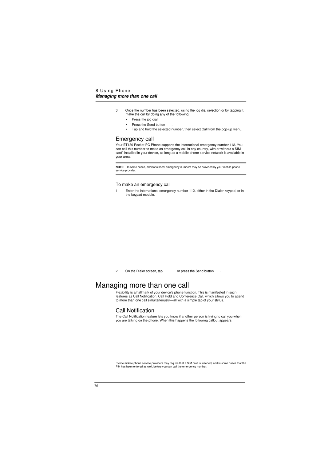 Microsoft ET180 manual Managing more than one call, Emergency call, Call Notification, To make an emergency call 