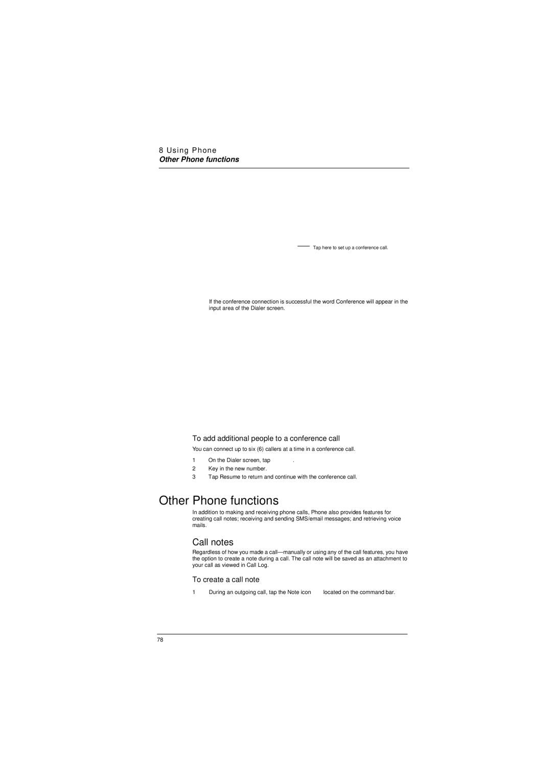 Microsoft ET180 Other Phone functions, Call notes, To add additional people to a conference call, To create a call note 