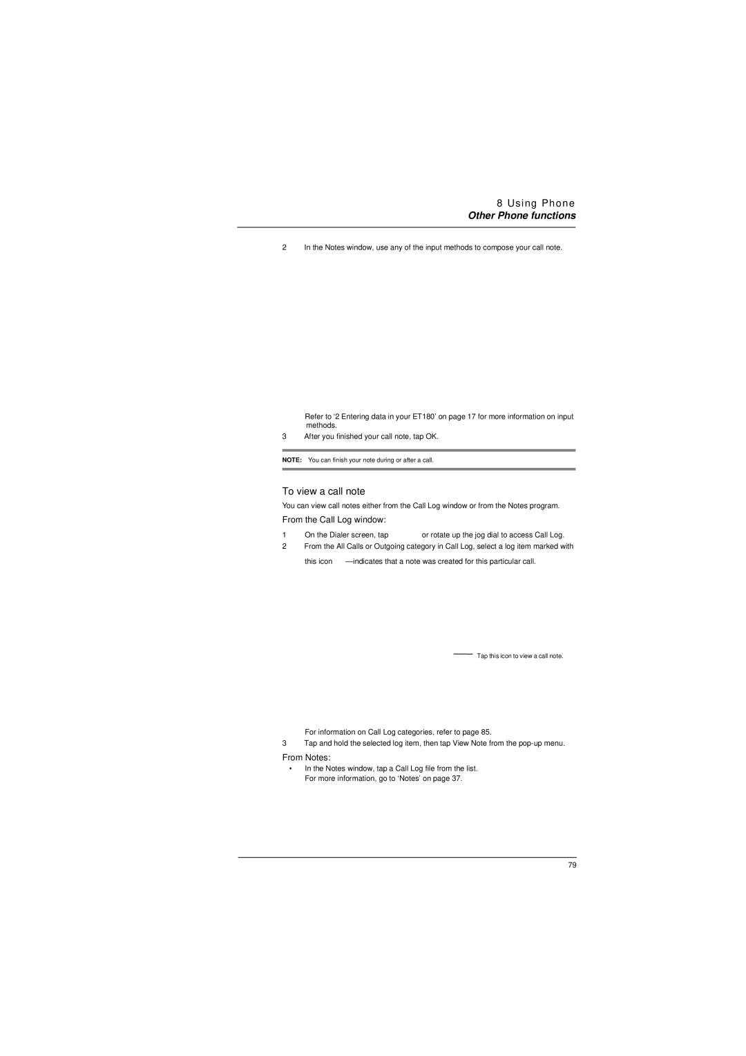 Microsoft ET180 manual To view a call note, From the Call Log window, From Notes 