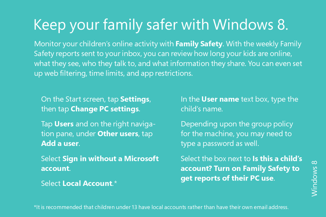 Microsoft FQC-05956 Keep your family safer with Windows, Select Sign in without a Microsoft account Select Local Account 