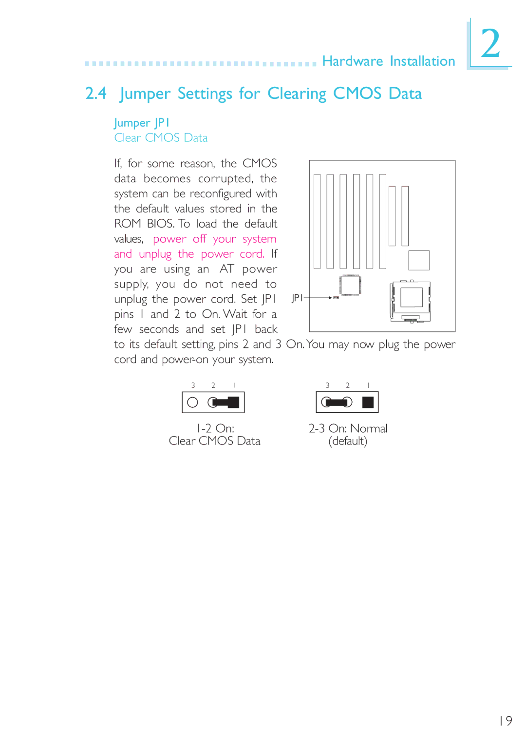 Microsoft G7VP2 manual Jumper Settings for Clearing Cmos Data, Jumper JP1 Clear Cmos Data 