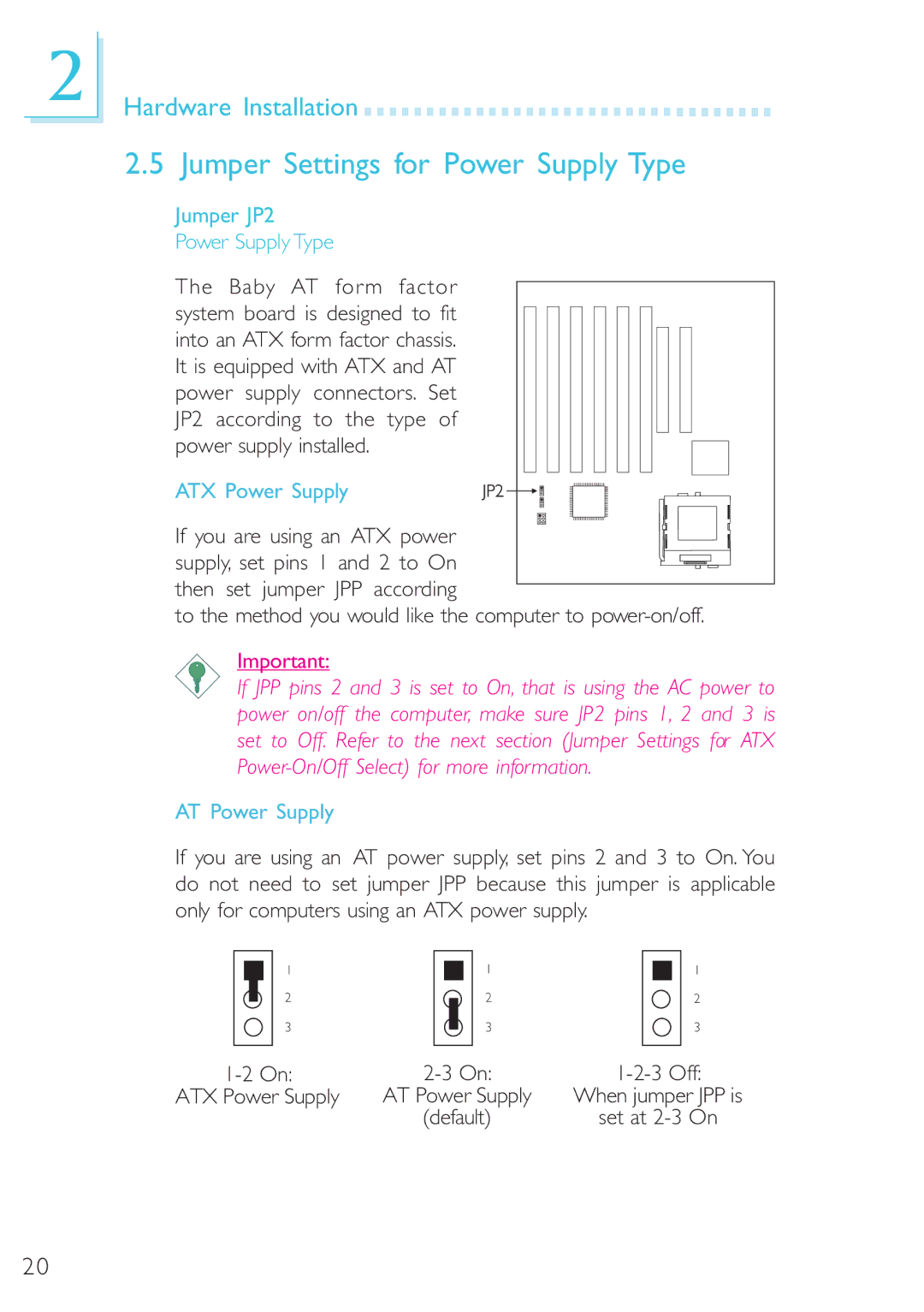 Microsoft G7VP2 manual Jumper Settings for Power Supply Type, Jumper JP2 Power Supply Type 