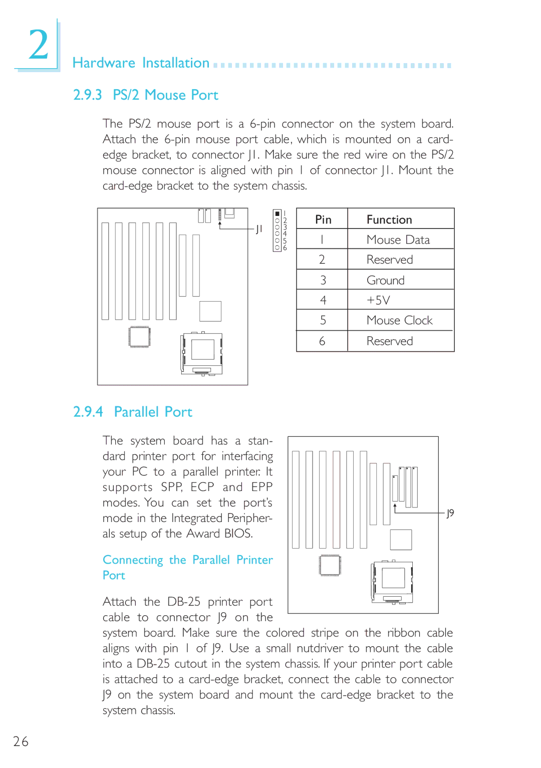 Microsoft G7VP2 manual Hardware Installation 3 PS/2 Mouse Port, Parallel Port, Connecting the Parallel Printer Port 