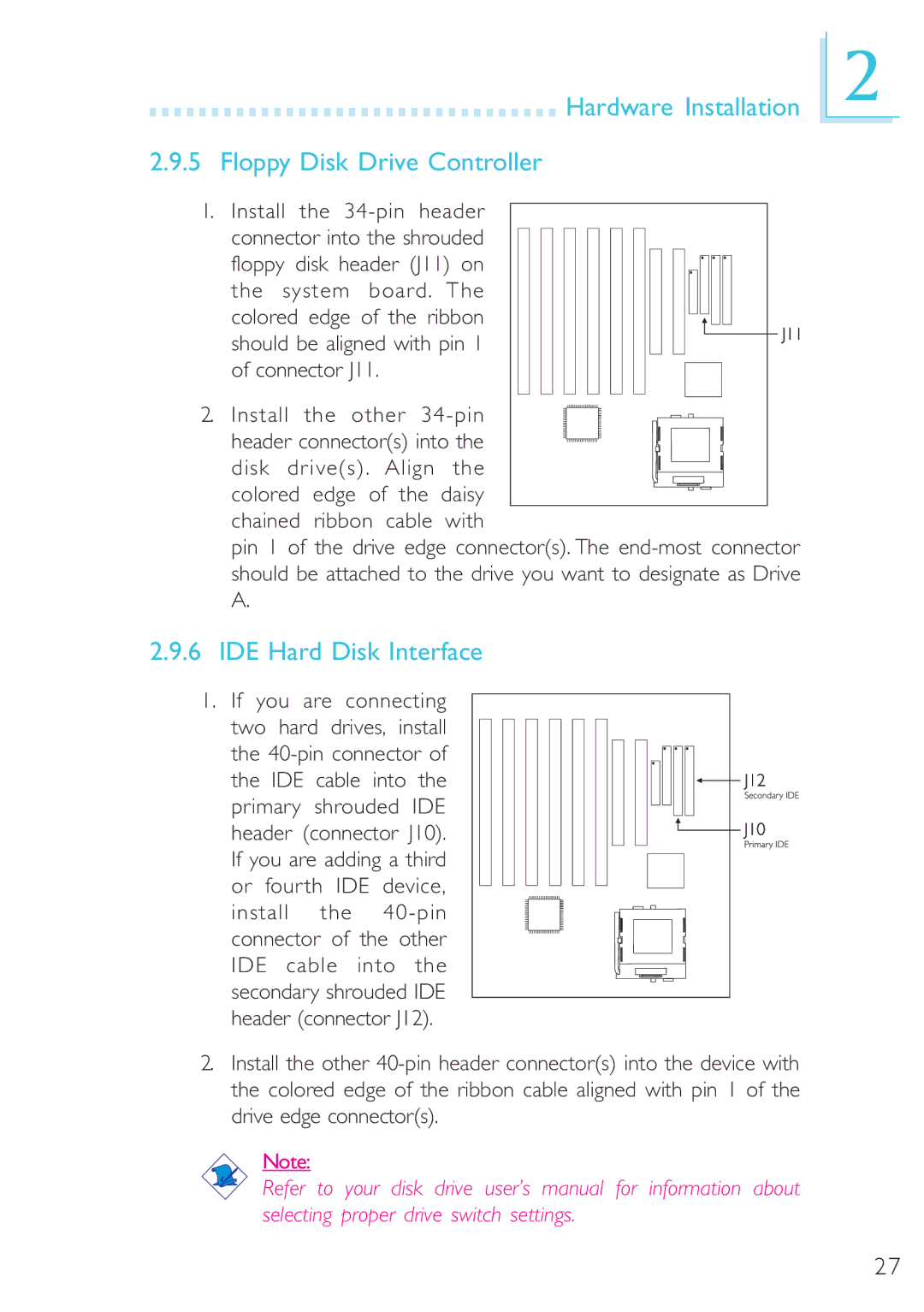 Microsoft G7VP2 manual Hardware Installation Floppy Disk Drive Controller, IDE Hard Disk Interface 