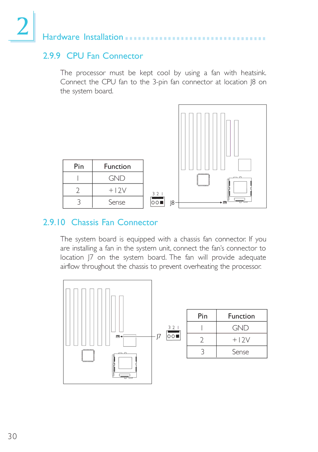 Microsoft G7VP2 manual Hardware Installation CPU Fan Connector, Chassis Fan Connector 