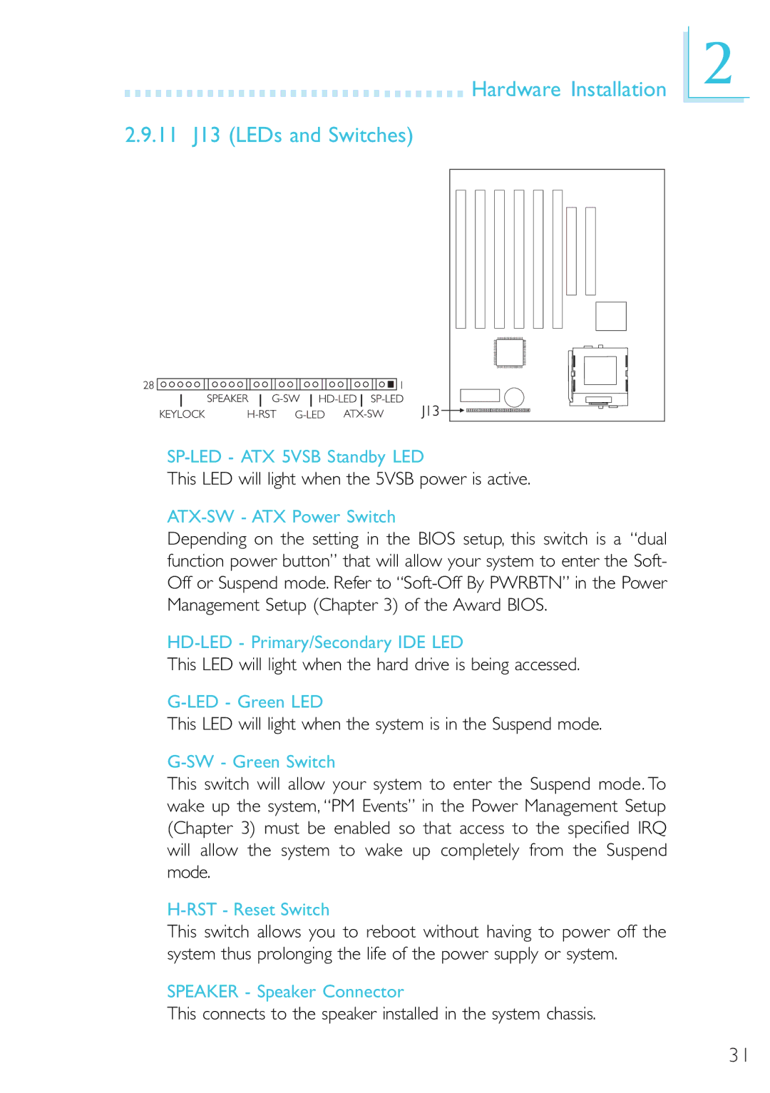 Microsoft G7VP2 manual Hardware Installation 11 J13 LEDs and Switches 