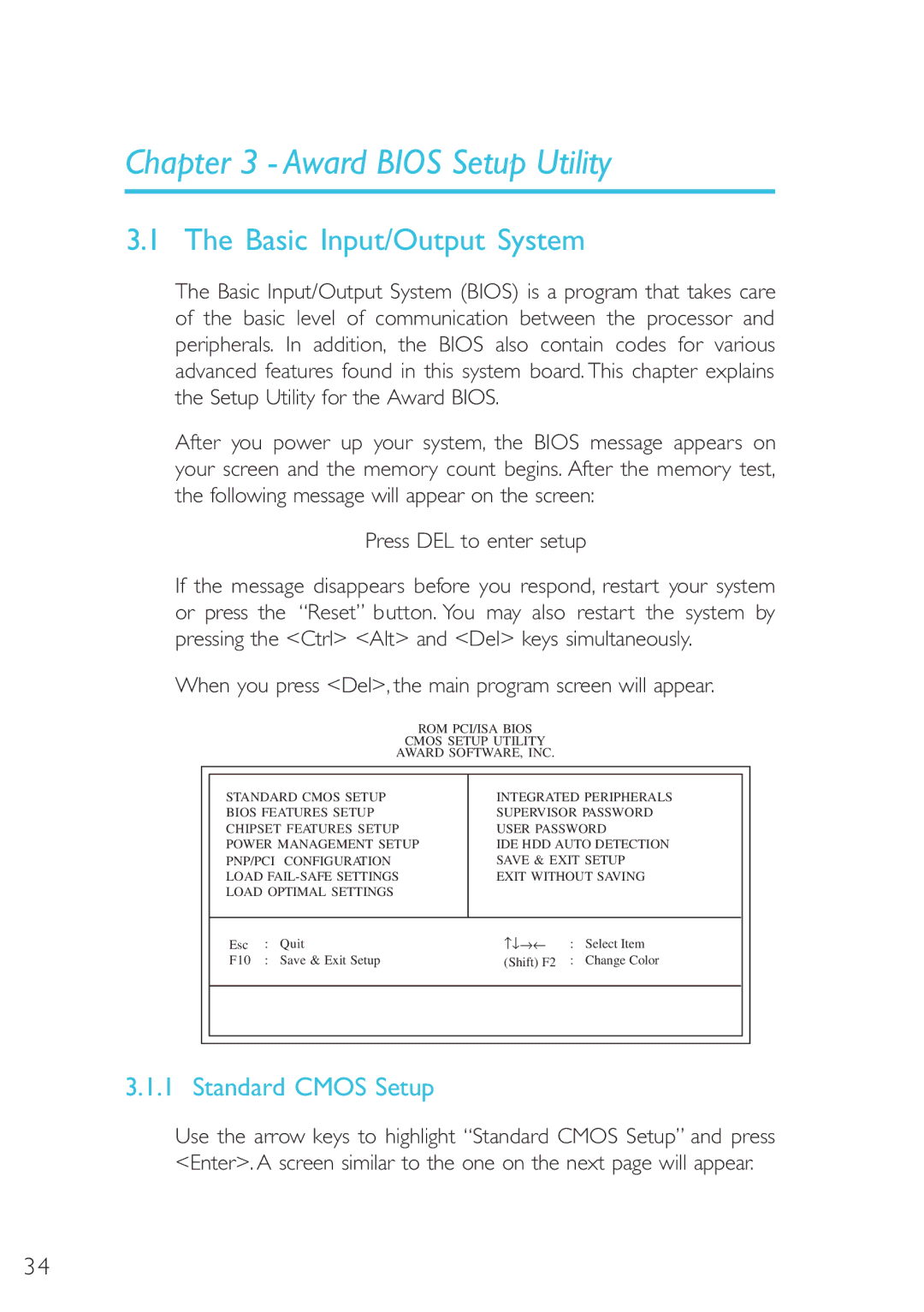 Microsoft G7VP2 manual Award Bios Setup Utility, Basic Input/Output System, Standard Cmos Setup 