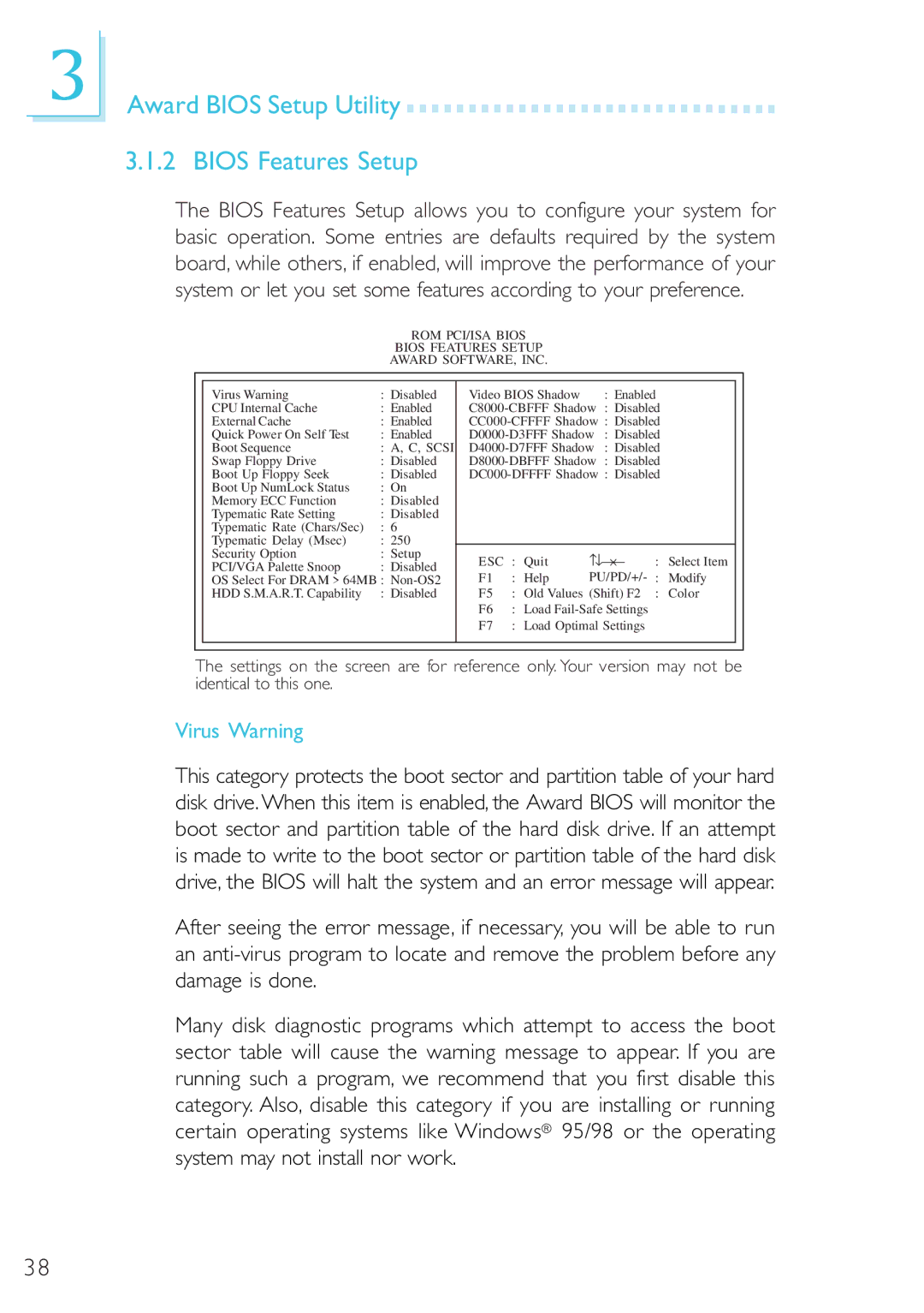 Microsoft G7VP2 manual Award Bios Setup Utility Bios Features Setup, Virus Warning 