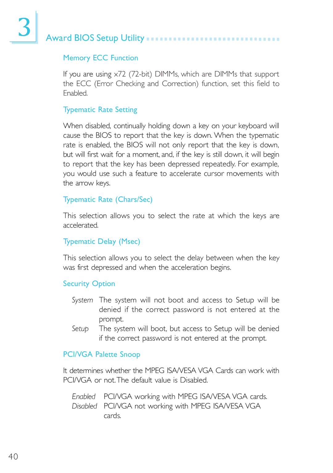 Microsoft G7VP2 manual Memory ECC Function, Typematic Rate Setting, Typematic Rate Chars/Sec, Typematic Delay Msec 