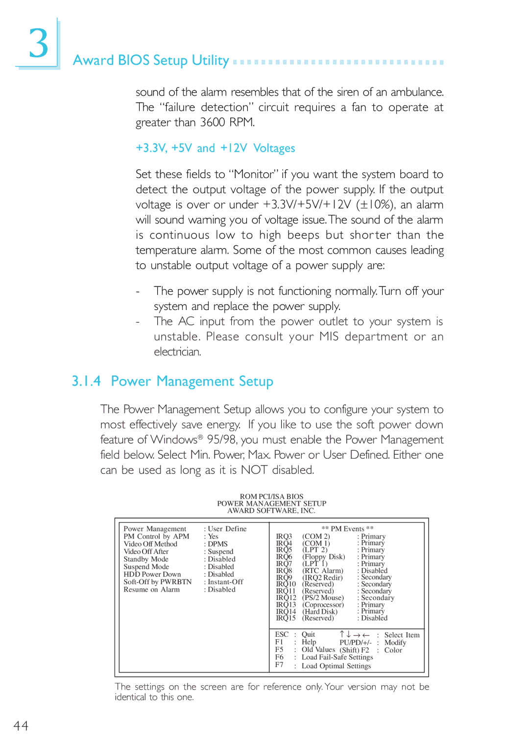 Microsoft G7VP2 manual Power Management Setup, +3.3V, +5V and +12V Voltages 