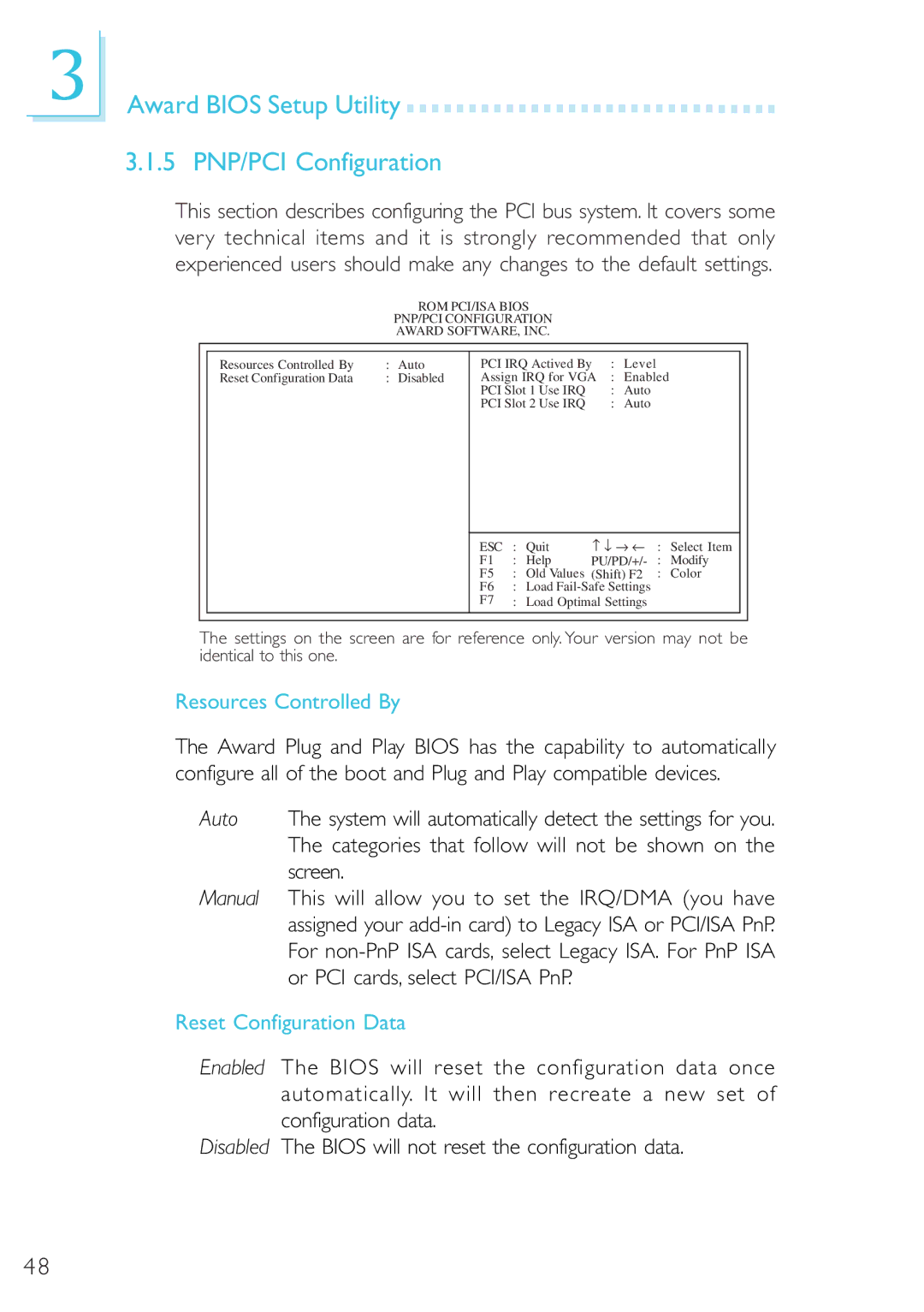 Microsoft G7VP2 manual Award Bios Setup Utility 5 PNP/PCI Configuration, Resources Controlled By, Reset Configuration Data 